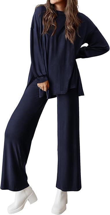 Round-Neck Long Sleeve Top and Wide-Leg Pants Set