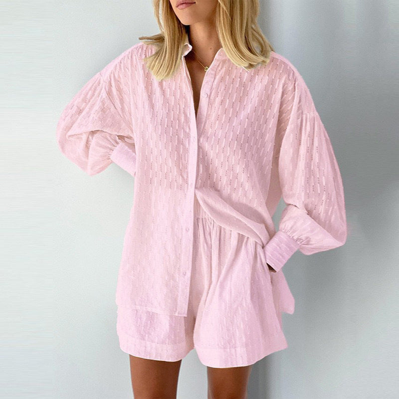 Jacquard Puff Sleeve Casual Suit with Shorts