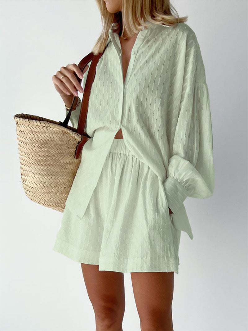 Jacquard Puff Sleeve Casual Suit with Shorts