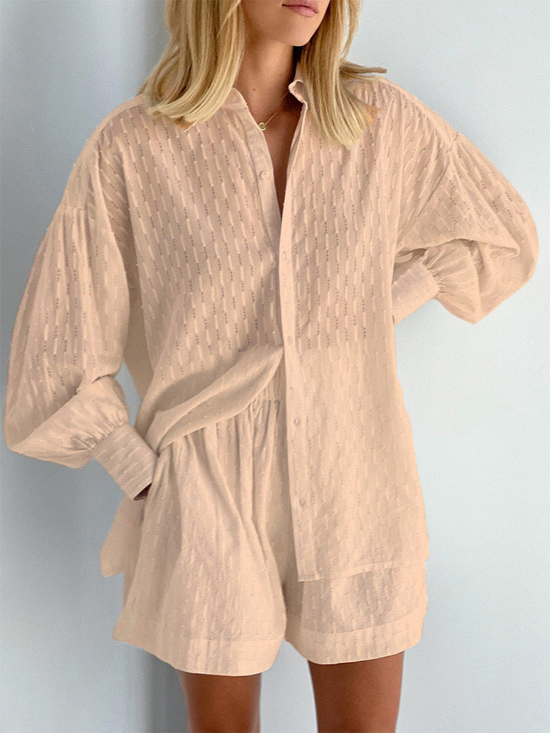Jacquard Puff Sleeve Casual Suit with Shorts