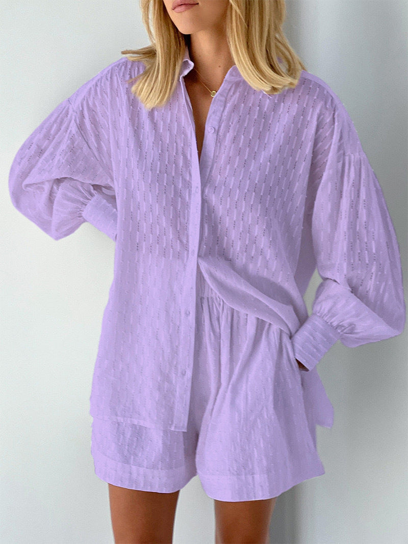 Jacquard Puff Sleeve Casual Suit with Shorts
