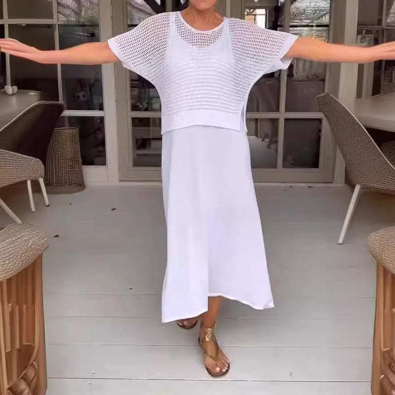 Hollow-Knitted Mesh Dress Set in Solid Color