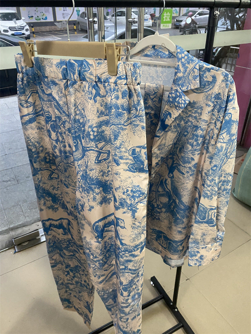 French-Style Printed Long-Sleeve Shirt and Wide-Leg Pants Set