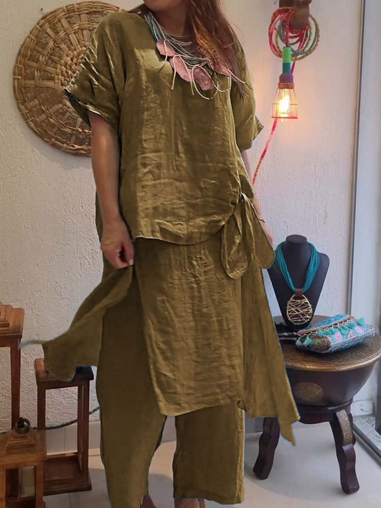 Cotton and Linen Casual Two-Piece Pants Set