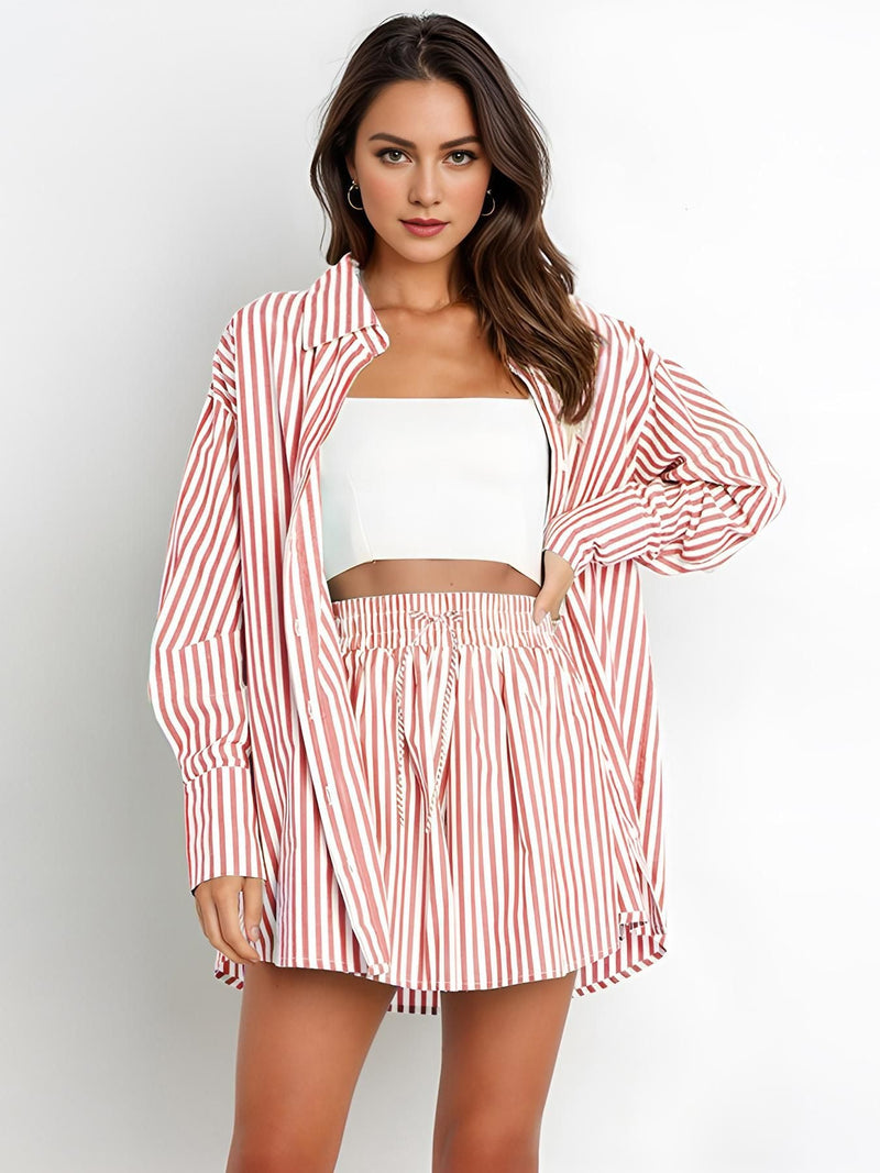 Striped Long-Sleeve Two-Piece Business Casual Set