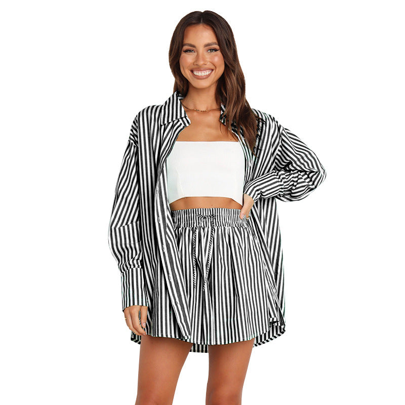Striped Long-Sleeve Two-Piece Business Casual Set