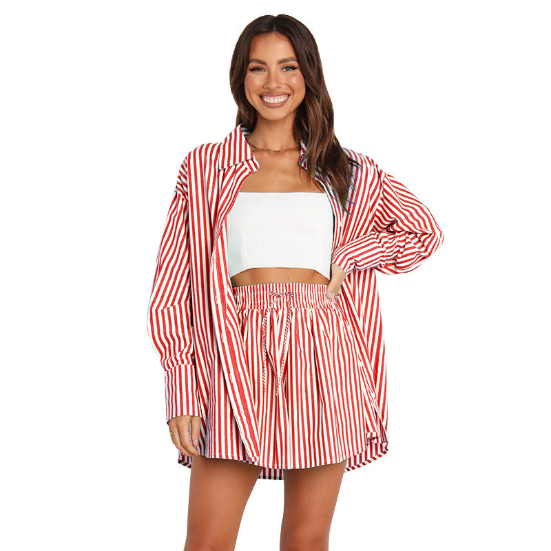 Striped Long-Sleeve Two-Piece Business Casual Set