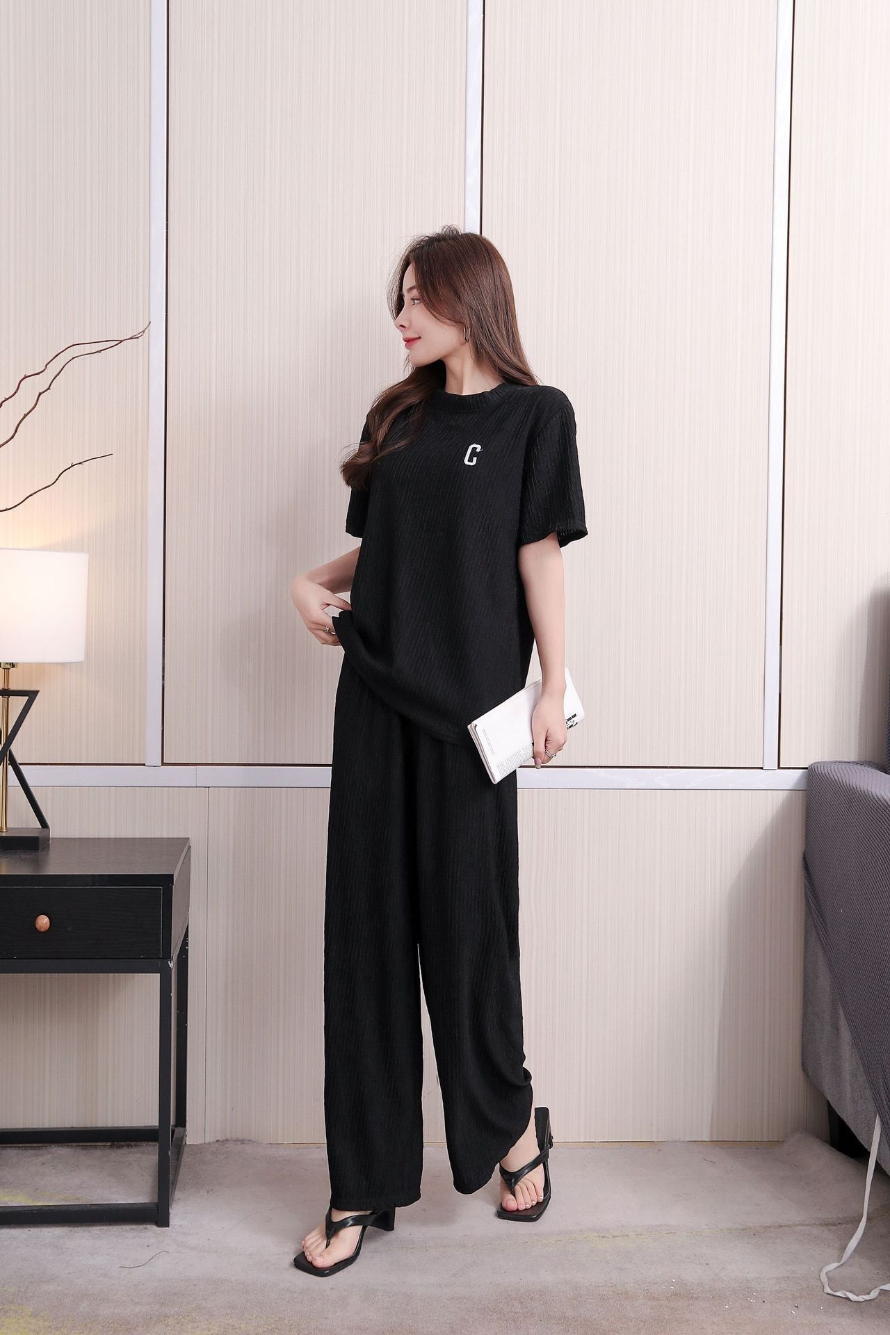 Chiba Pleated Embroidered Two-Piece Loungewear Set