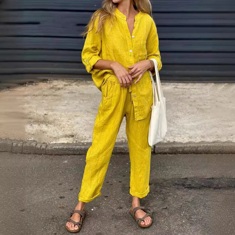 Plus Size Cotton Linen 2-Piece Set with Pockets