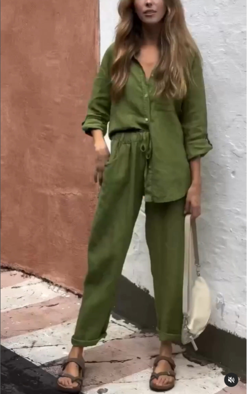 Plus Size Cotton Linen 2-Piece Set with Pockets