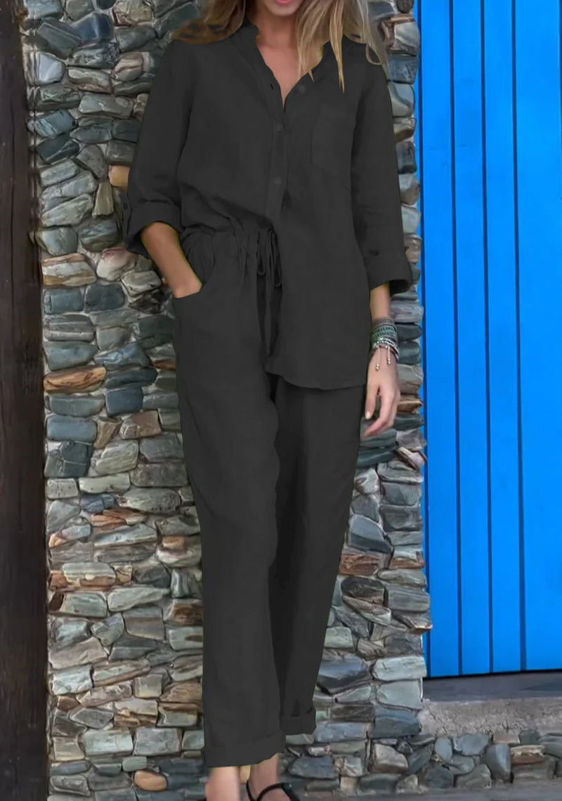 Plus Size Cotton Linen 2-Piece Set with Pockets