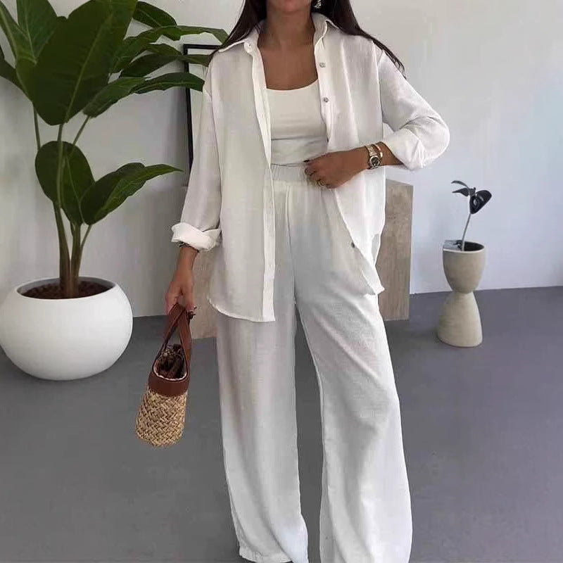 Solid Color Loose Top and Wide-Leg Pants Set