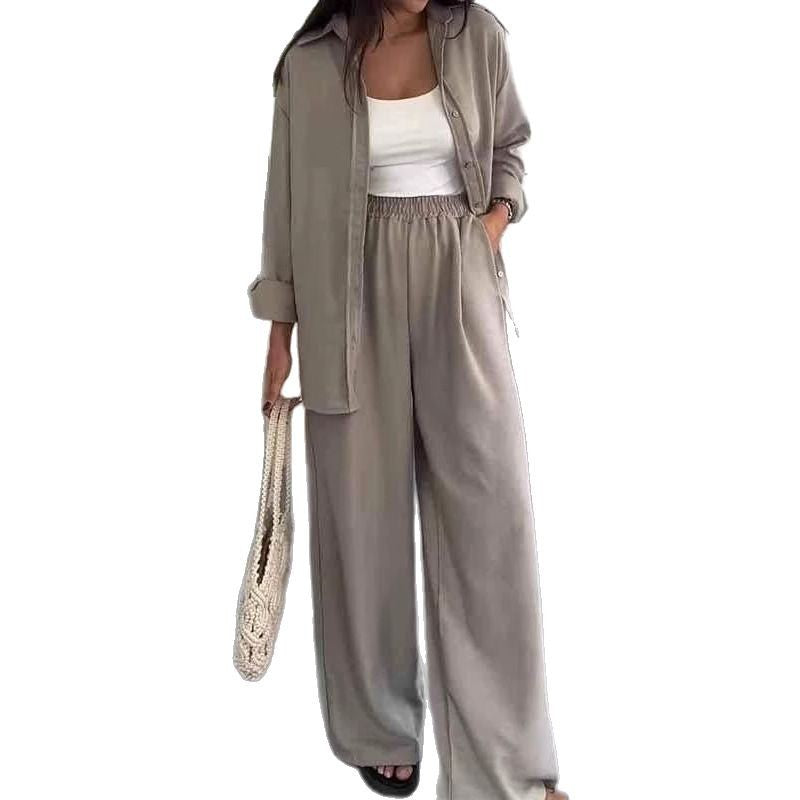 Solid Color Loose Top and Wide-Leg Pants Set
