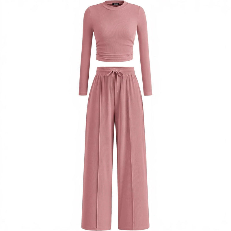 Ribbed Cropped Top and Wide-Leg Pants Set
