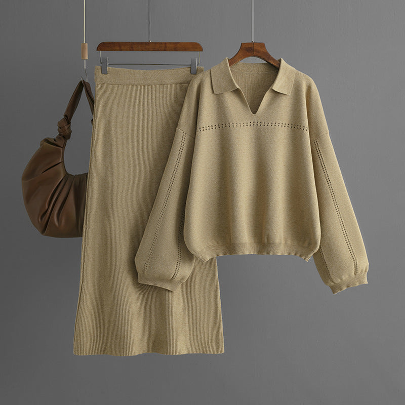 Knitted POLO Collar Hollow Long Skirt Set