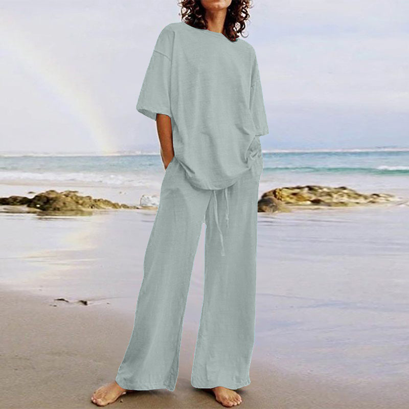 Belted Pocket 2-Piece Casual Top and Wide-Leg Pants Set