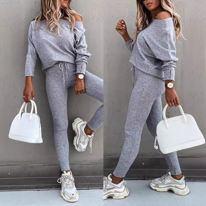 Lace-Up Off-Shoulder Casual Long Pants Suit