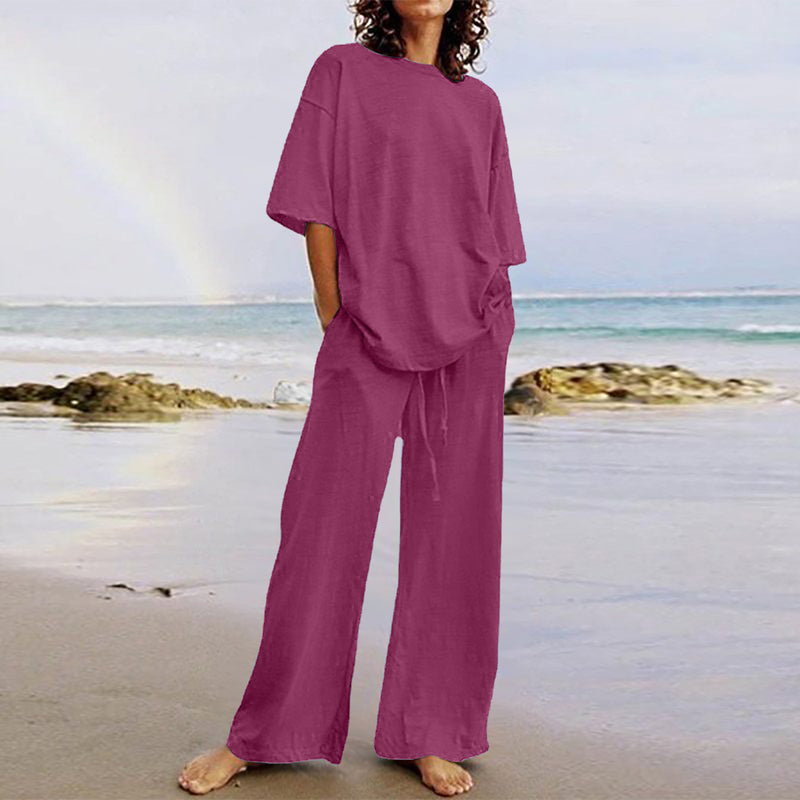 Belted Pocket 2-Piece Casual Top and Wide-Leg Pants Set