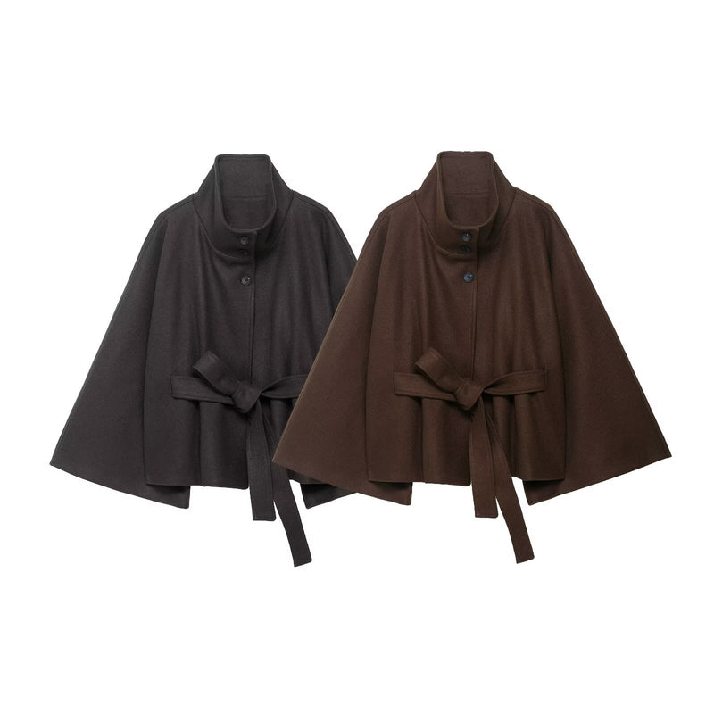 Elegant Loose Stand Collar Woolen Coat with Belt