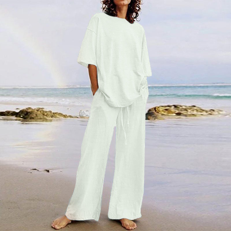 Belted Pocket 2-Piece Casual Top and Wide-Leg Pants Set