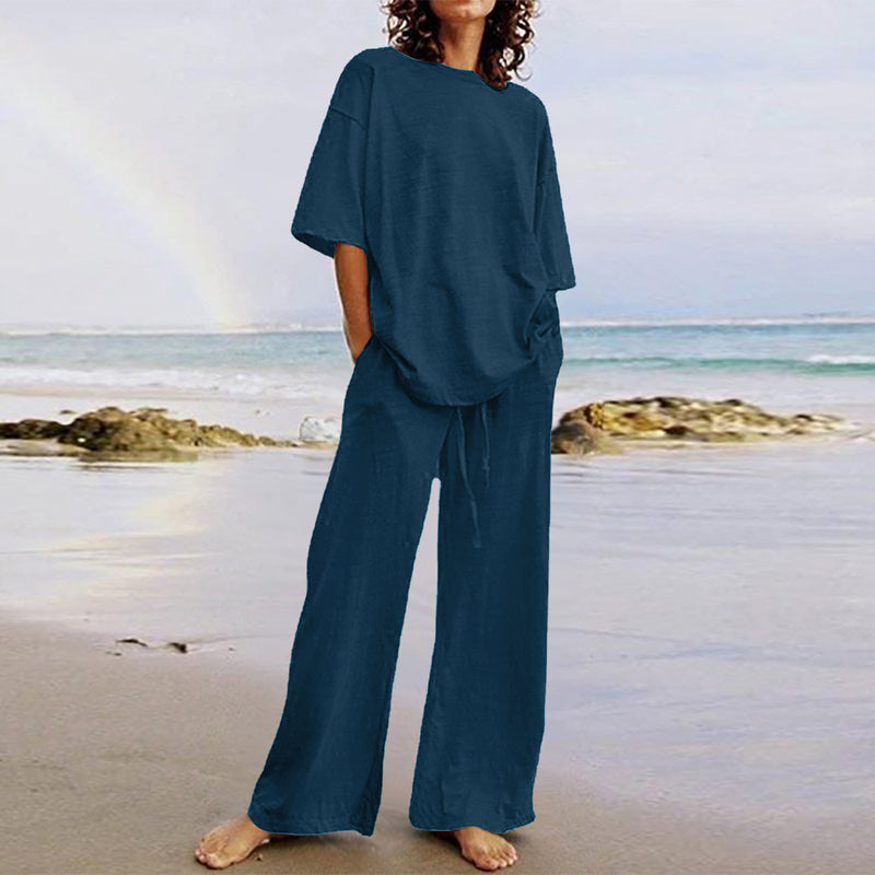 Belted Pocket 2-Piece Casual Top and Wide-Leg Pants Set