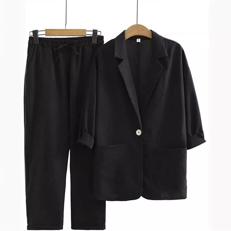 Cotton Linen Blazer and Pants 2-Piece Suit Set