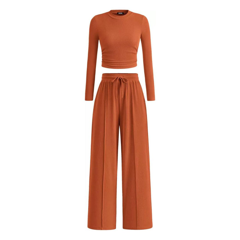 Ribbed Cropped Top and Wide-Leg Pants Set