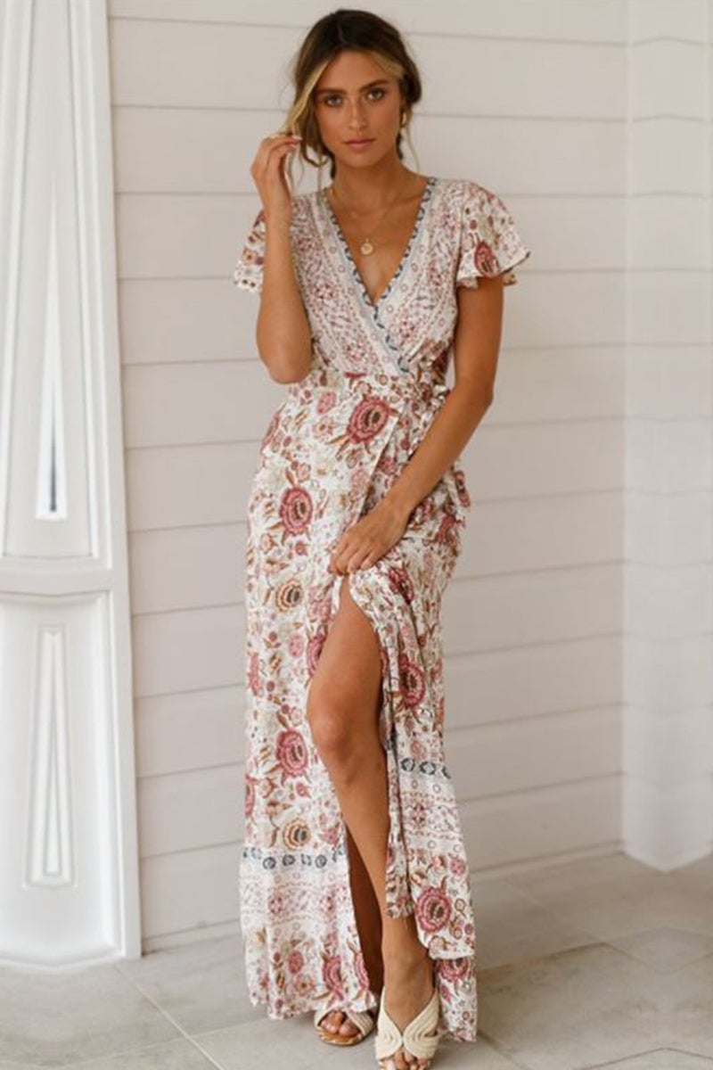 Bohemian Floral Print Wrap Dress