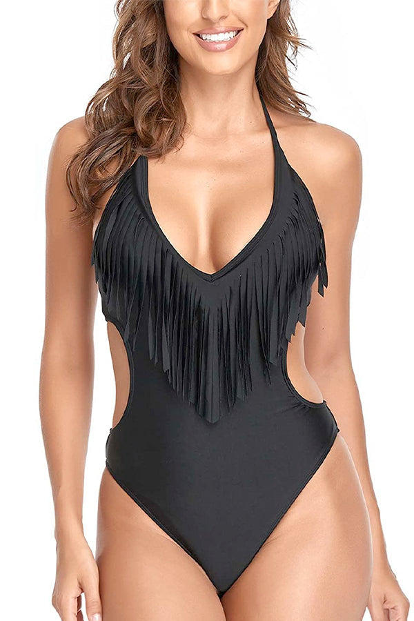Cutout Halter Tassel One Piece Swimsuit