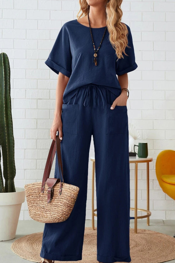 Classy &amp; Laid Back Lifestyle: Rolled Cuff Top And Patch Pocket Pants Set