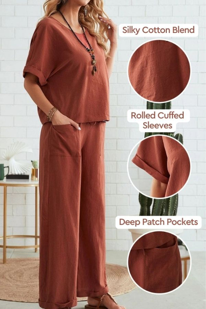 Classy &amp; Laid Back Lifestyle: Rolled Cuff Top And Patch Pocket Pants Set